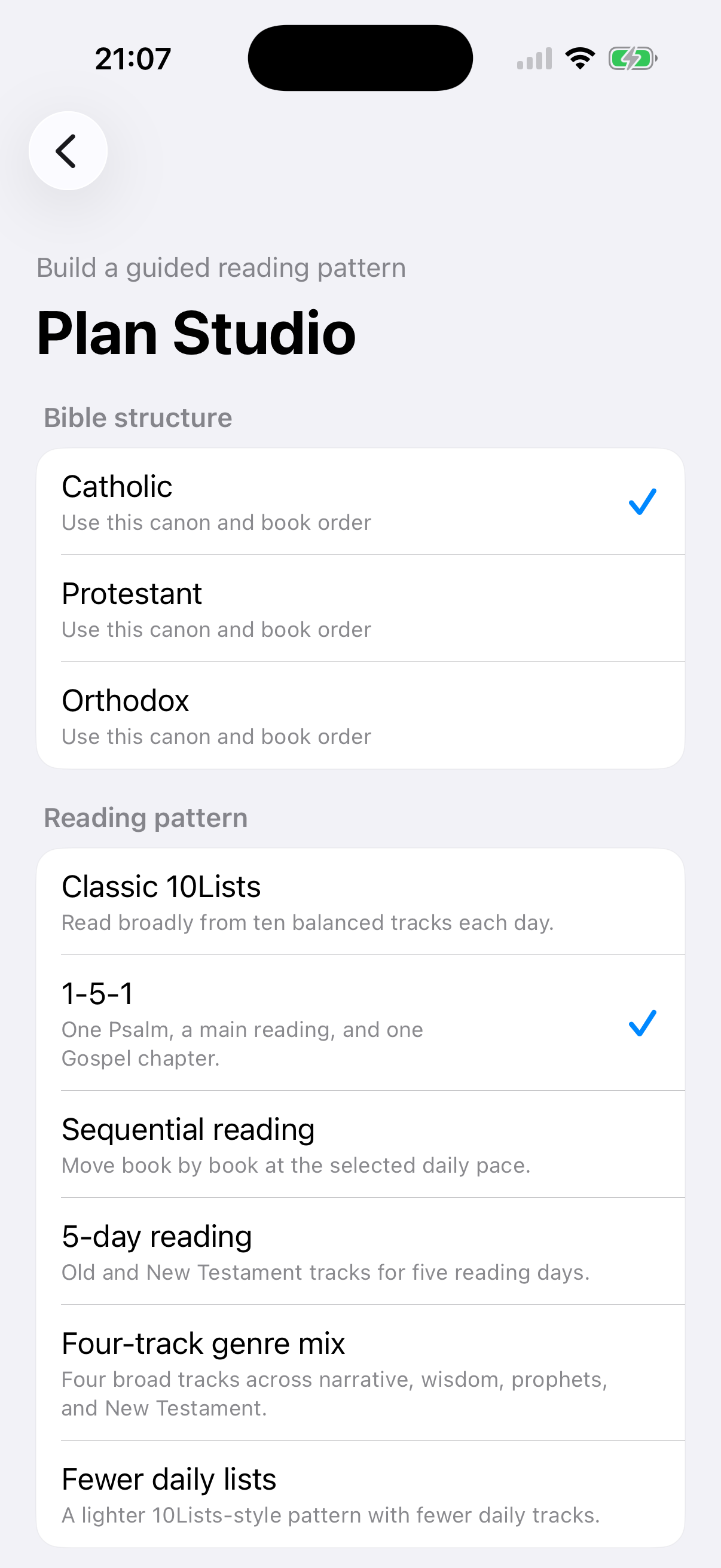 10Lists Plan screen with reading pattern choices