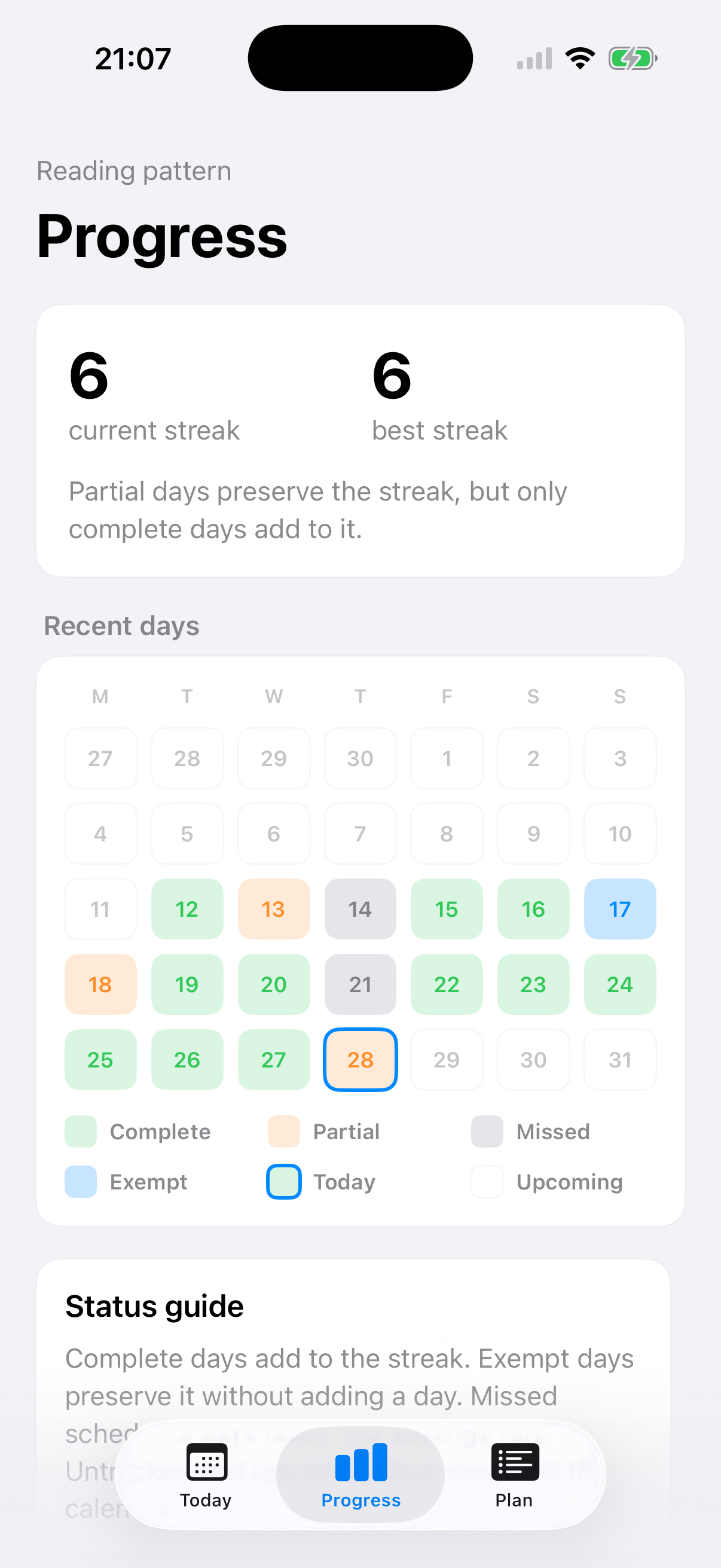 10Lists Progress screen with calendar and streak information