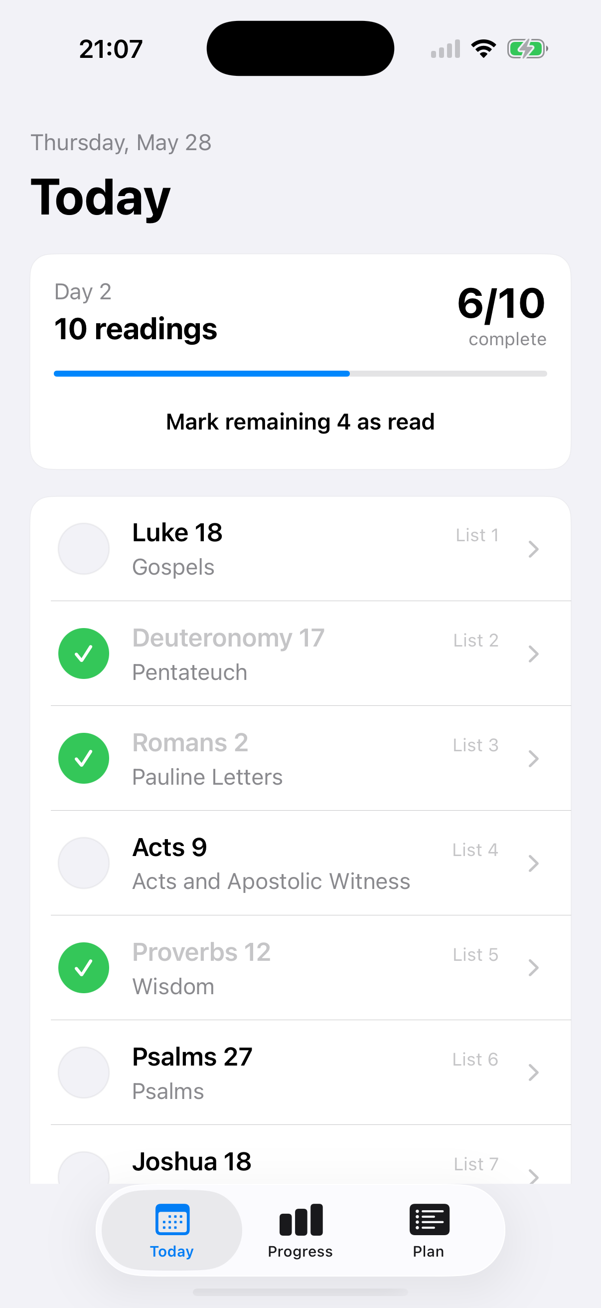 10Lists Today screen with daily readings and completion progress